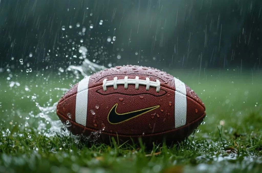 A professional football resting on wet grass during a heavy rainstorm with visible water droplets splashing